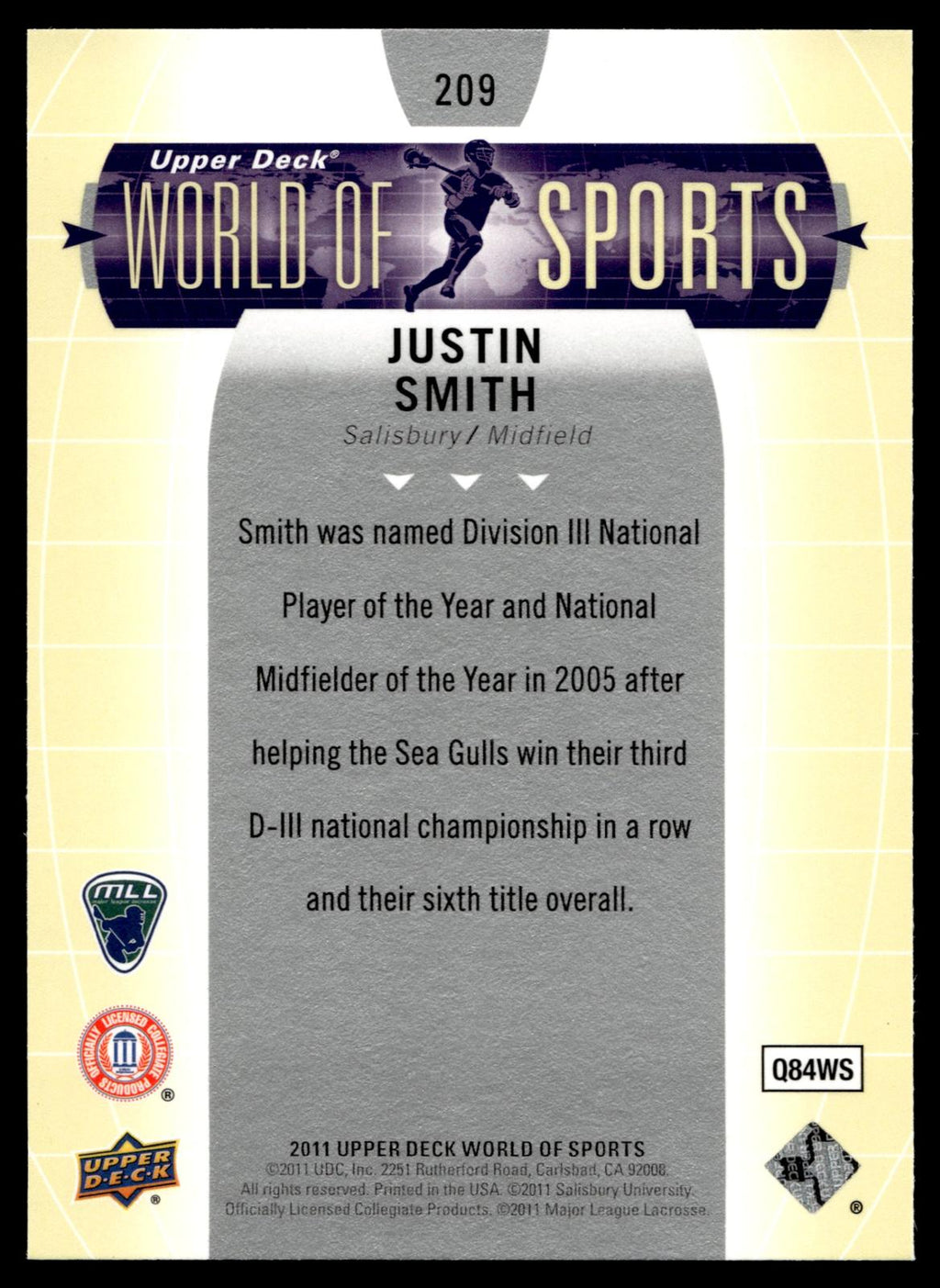 Justin Smith 2011 Upper Deck World of Sports Salisbury Sea Gulls #209