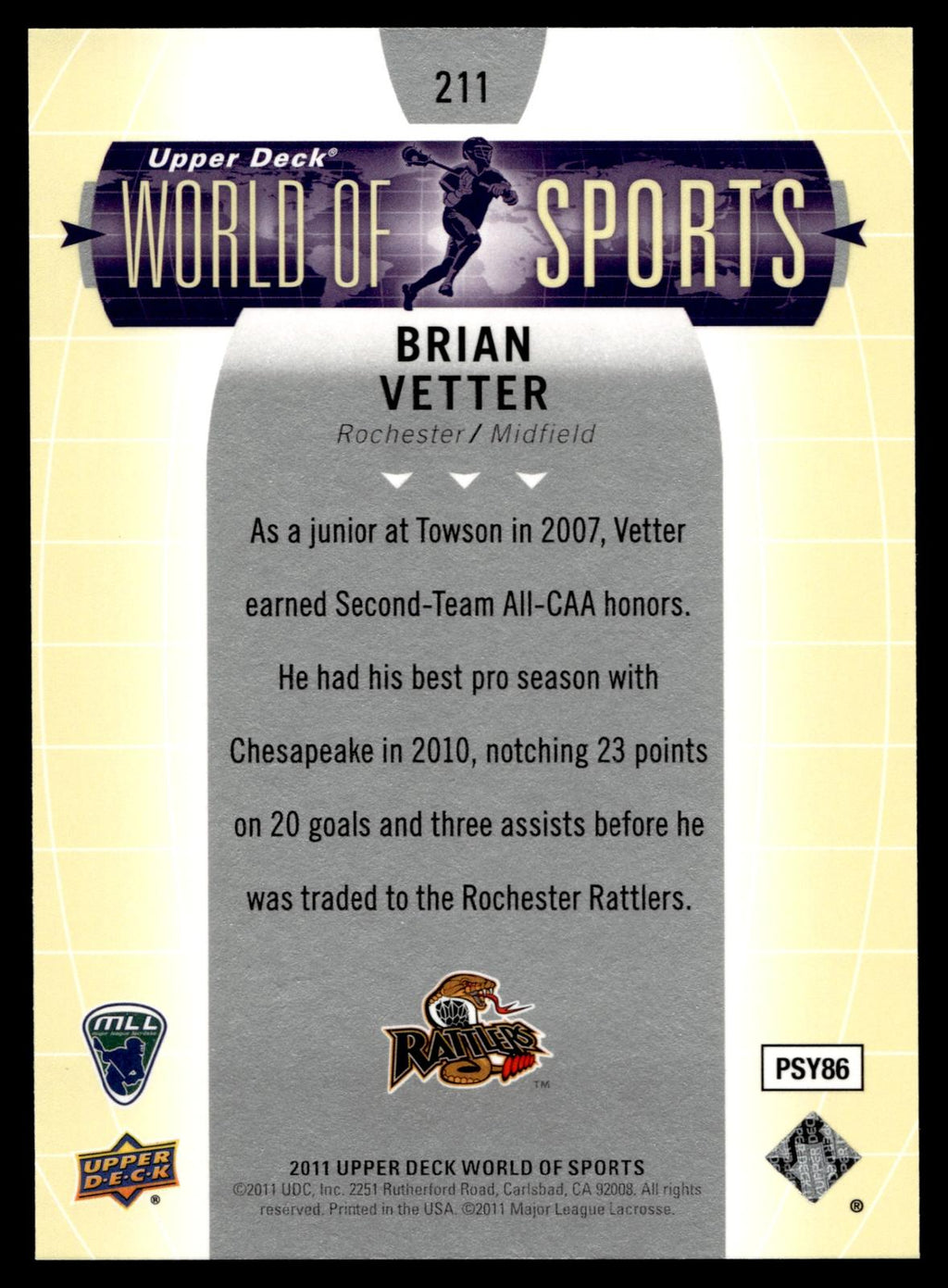 Brian Vetter 2011 Upper Deck World of Sports Rochester Rattlers #211