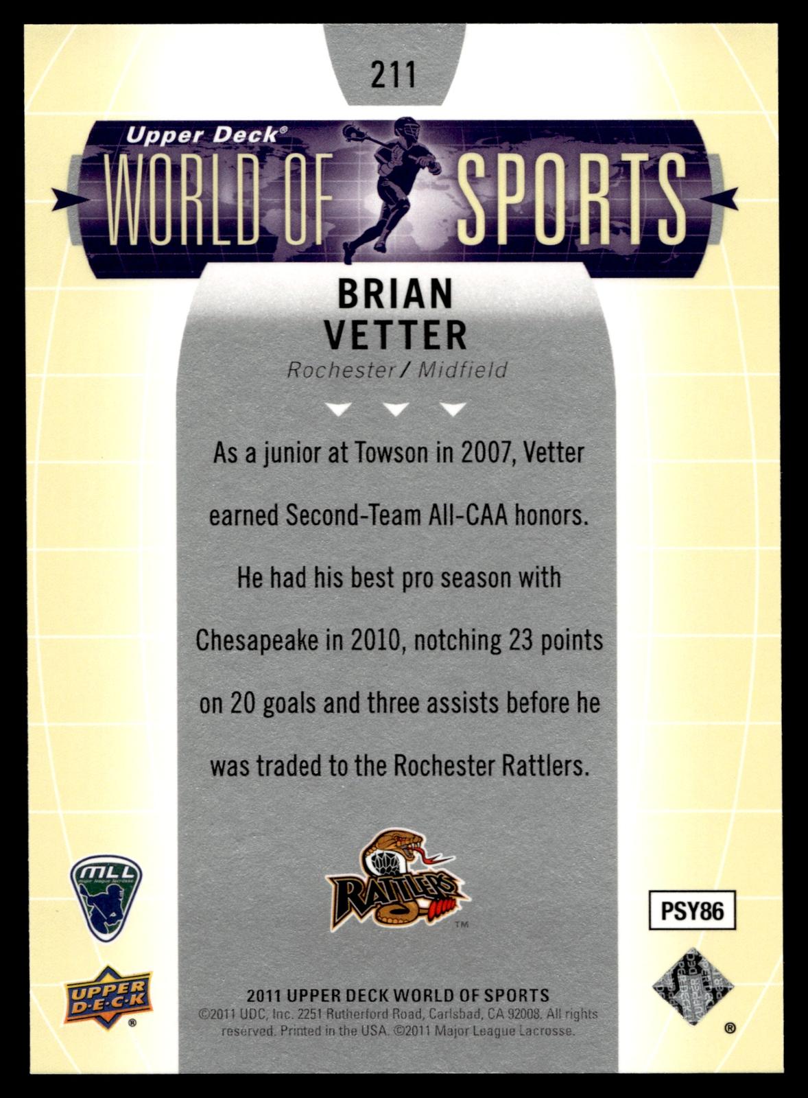 Brian Vetter 2011 Upper Deck World of Sports Rochester Rattlers #211