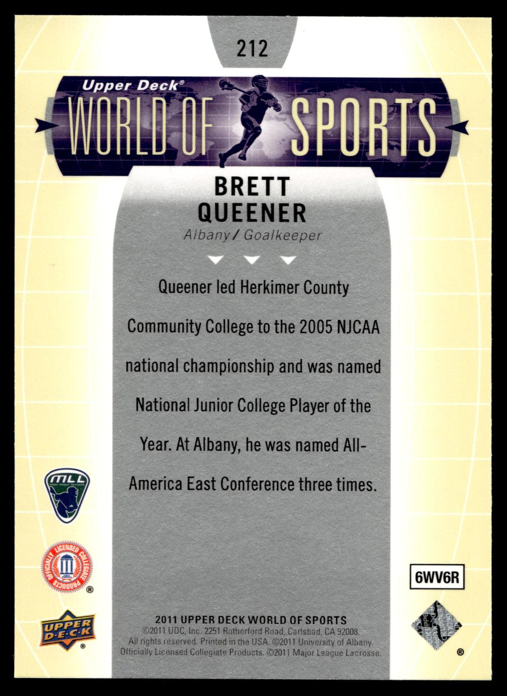 Brett Queener 2011 Upper Deck World of Sports Albany Great Danes #212
