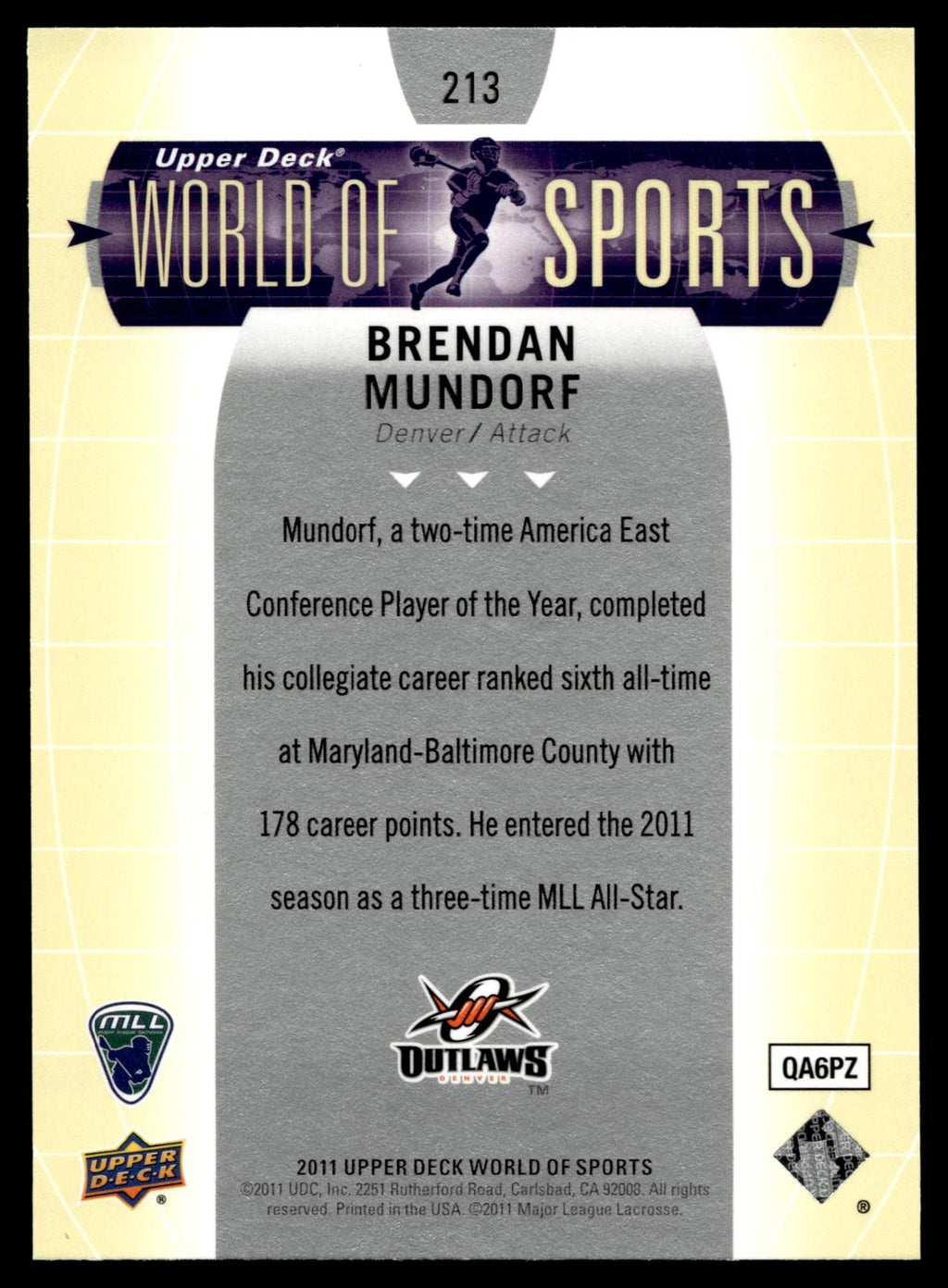 Brendan Mundorf 2011 Upper Deck World of Sports Denver Outlaws #213