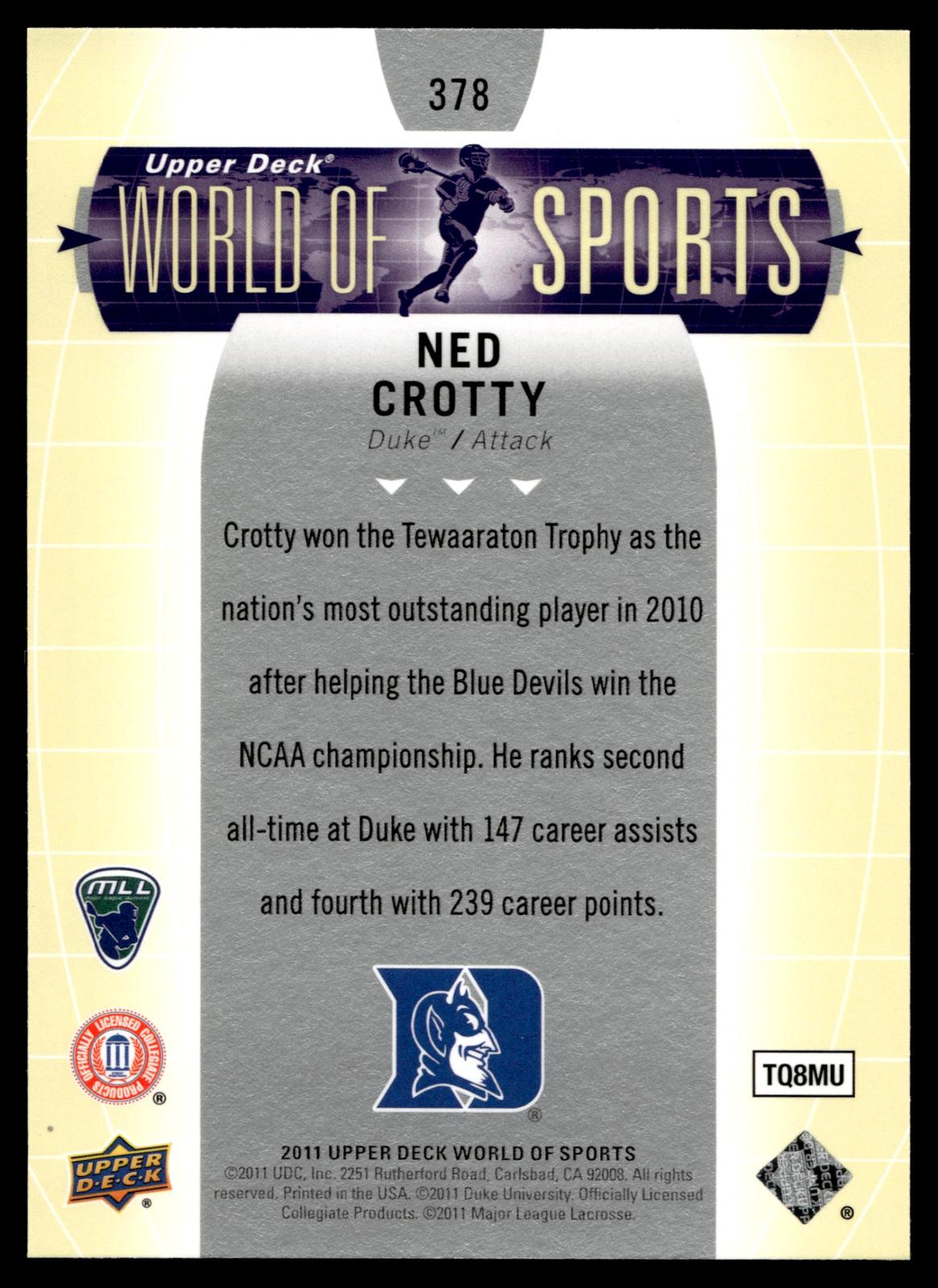 Ned Crotty 2011 Upper Deck World of Sports Duke Blue Devils #378