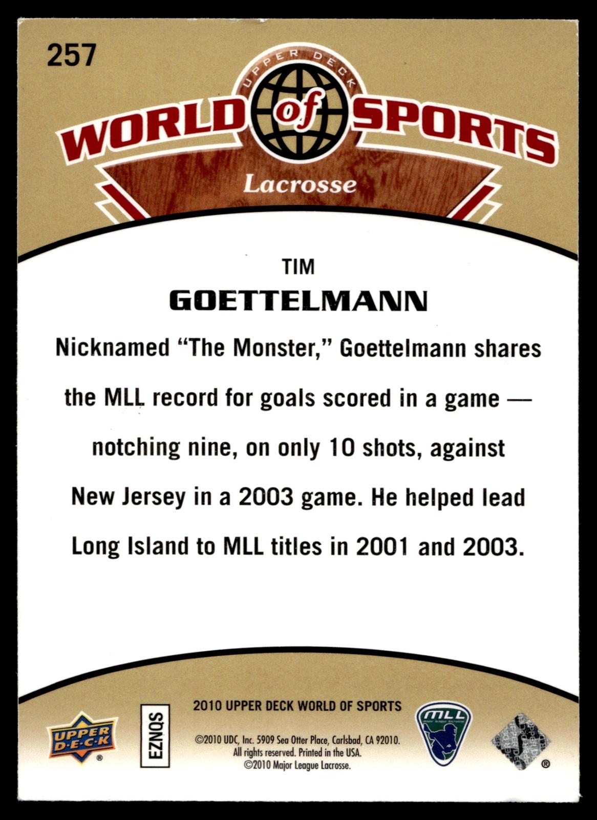 Tim Goettelmann 2010 Upper Deck World of Sports Long Island Lizards #257