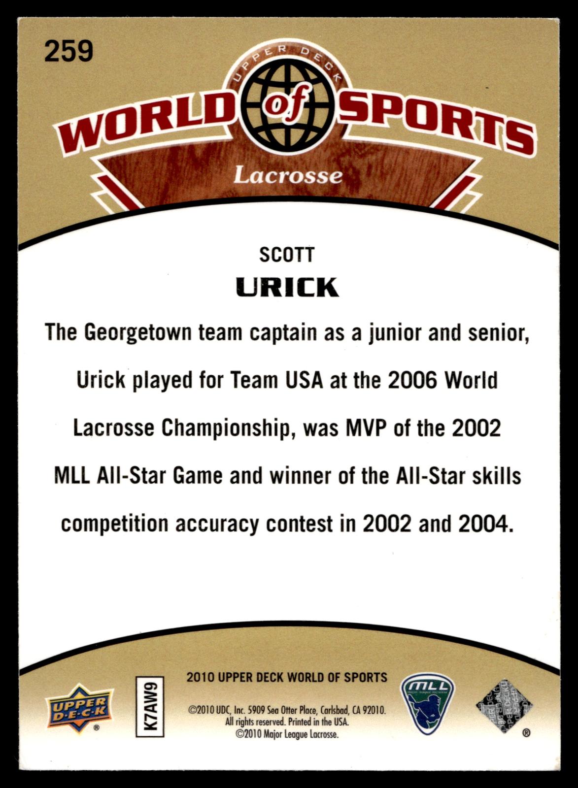 Scott Urick 2010 Upper Deck World of Sports Chesapeake Bayhawks #259
