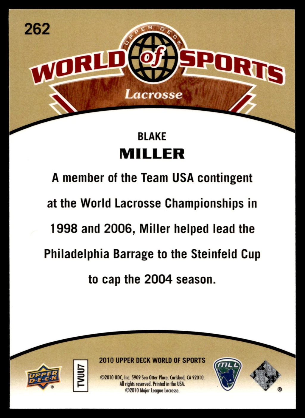 Blake Miller 2010 Upper Deck World of Sports Long Island Lizards #262