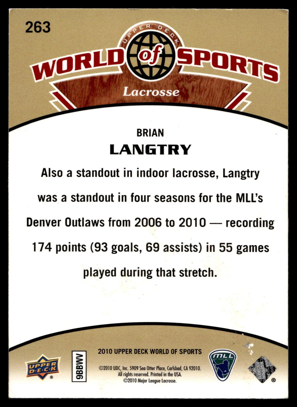 Brian Langtry 2010 Upper Deck World of Sports Denver Outlaws #263