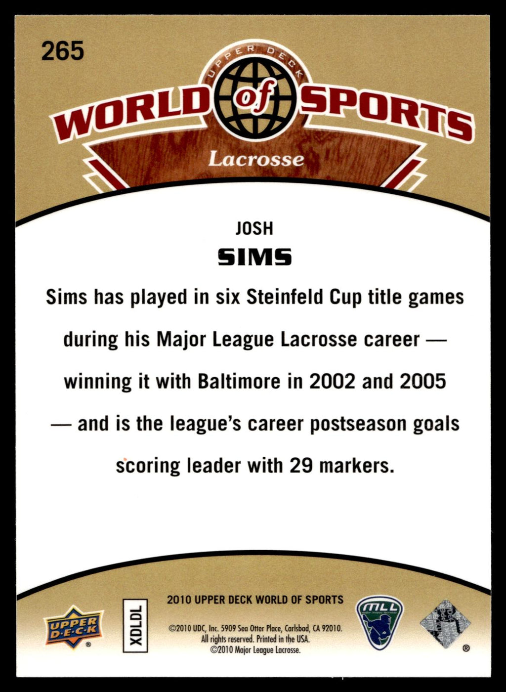 Josh Sims 2010 Upper Deck World of Sports Toronto Nationals #265