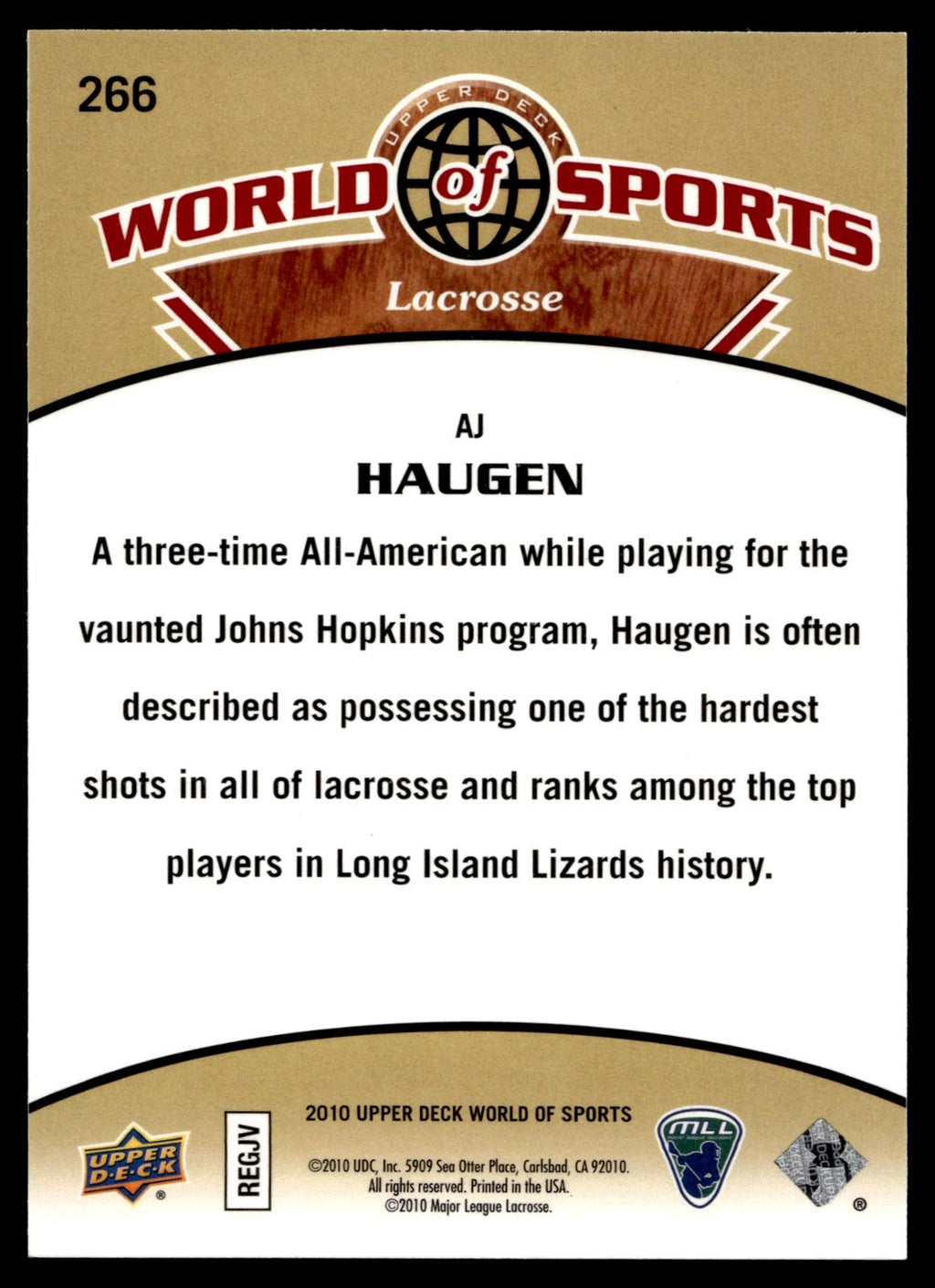 A.J. Haugen 2010 Upper Deck World of Sports Long Island Lizards #266