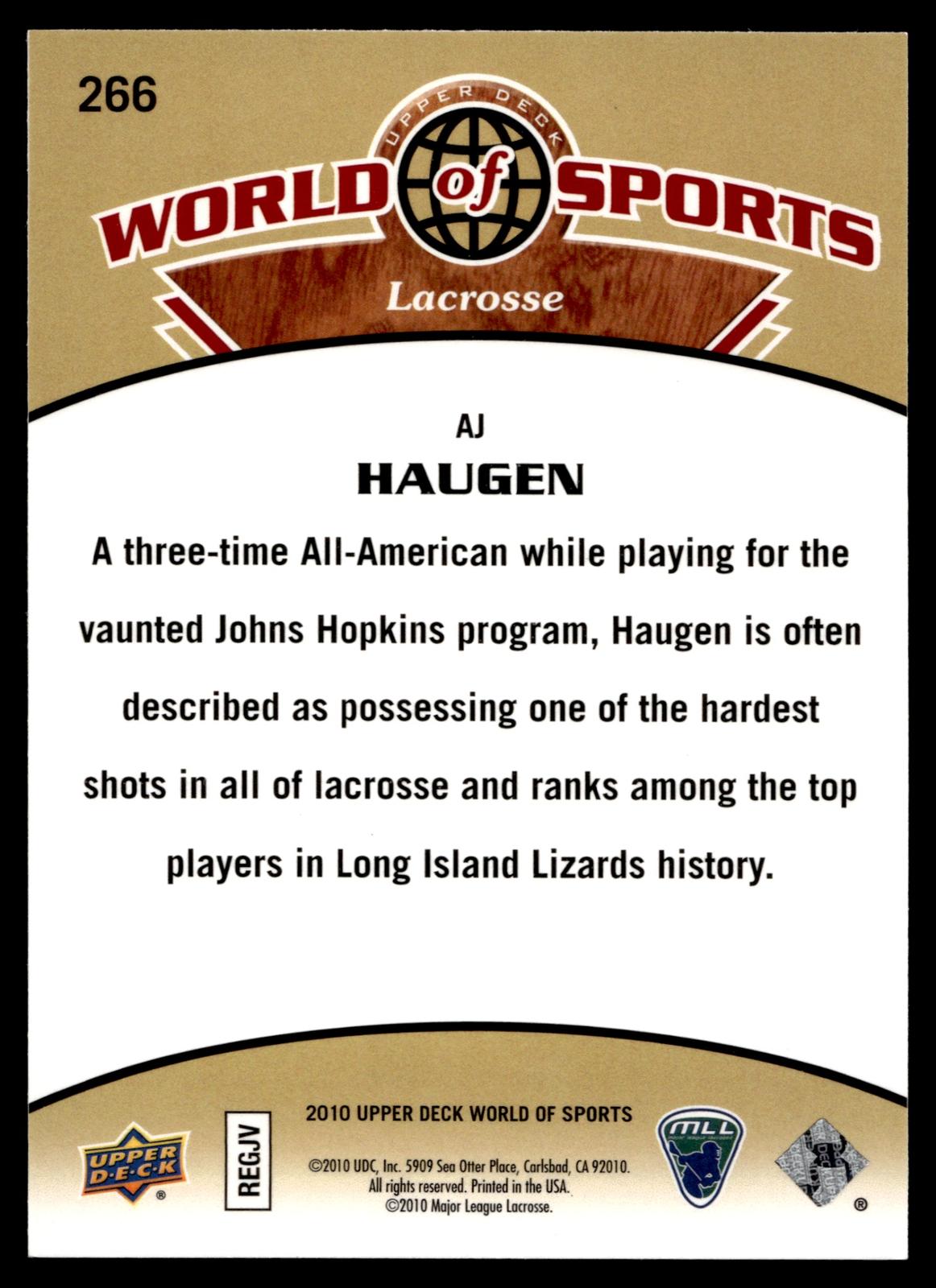 A.J. Haugen 2010 Upper Deck World of Sports Long Island Lizards #266