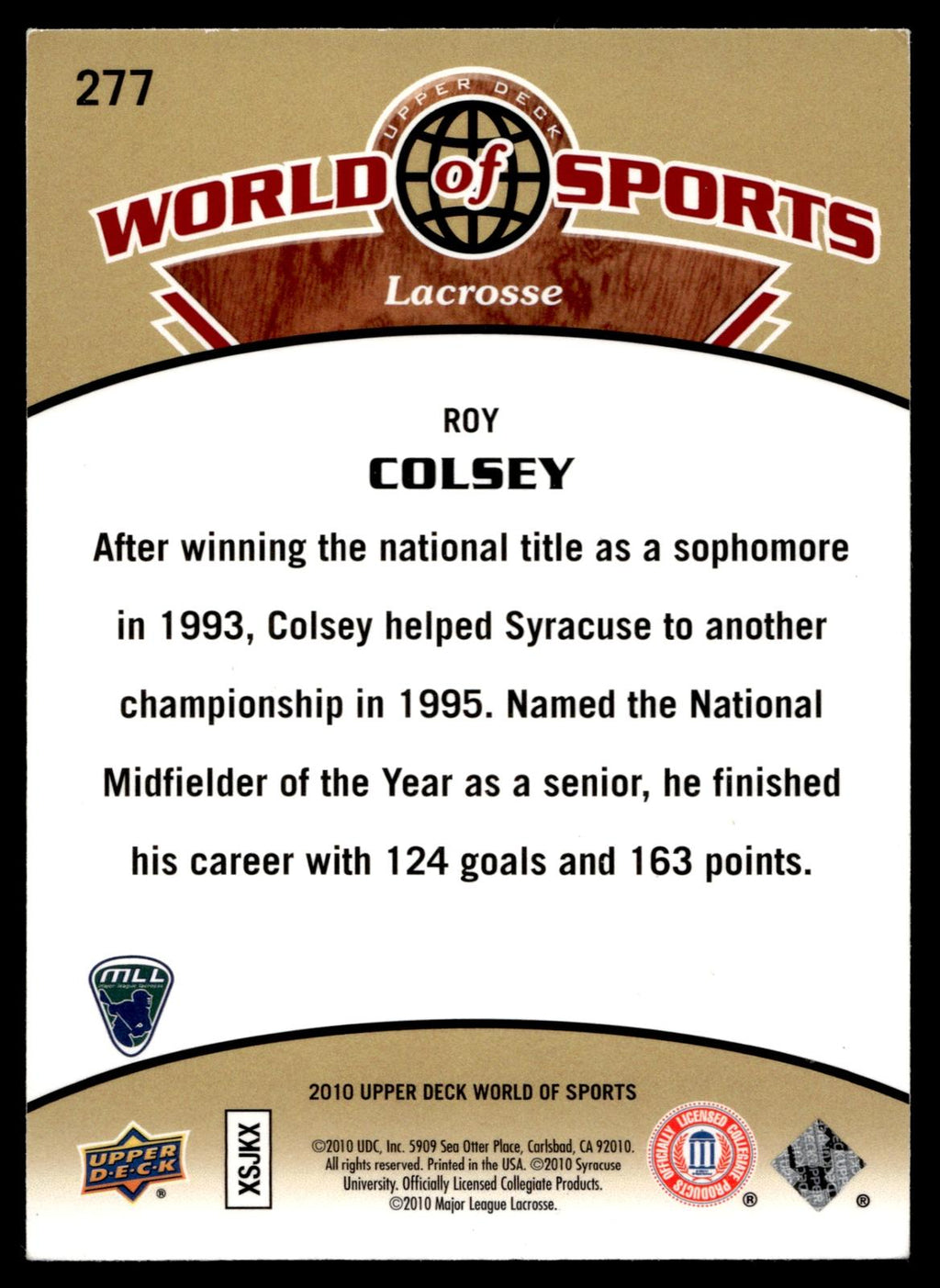 Roy Colsey 2010 Upper Deck World of Sports Syracuse Orangemen #277