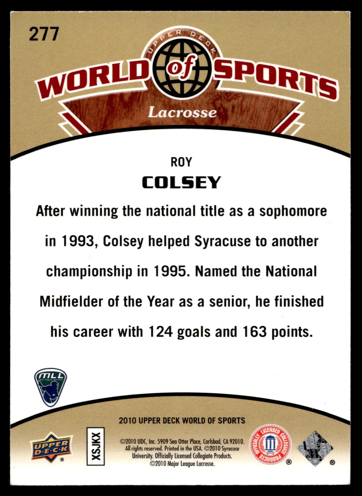Roy Colsey 2010 Upper Deck World of Sports Syracuse Orangemen #277