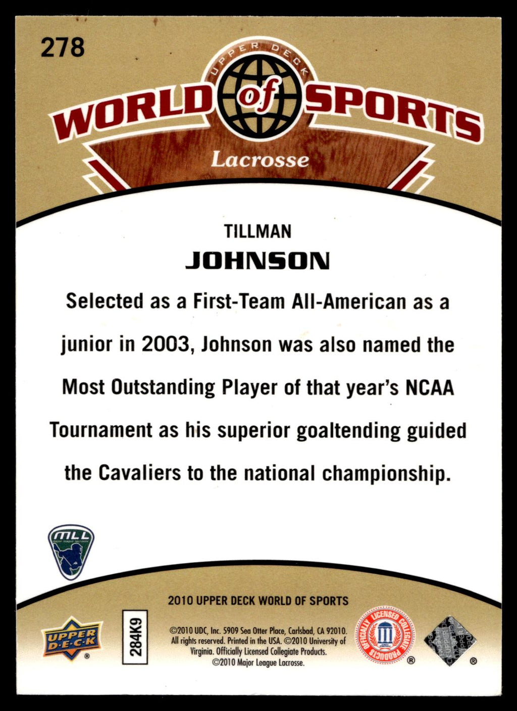 Tillman Johnson 2010 Upper Deck World of Sports Virginia Cavaliers #278