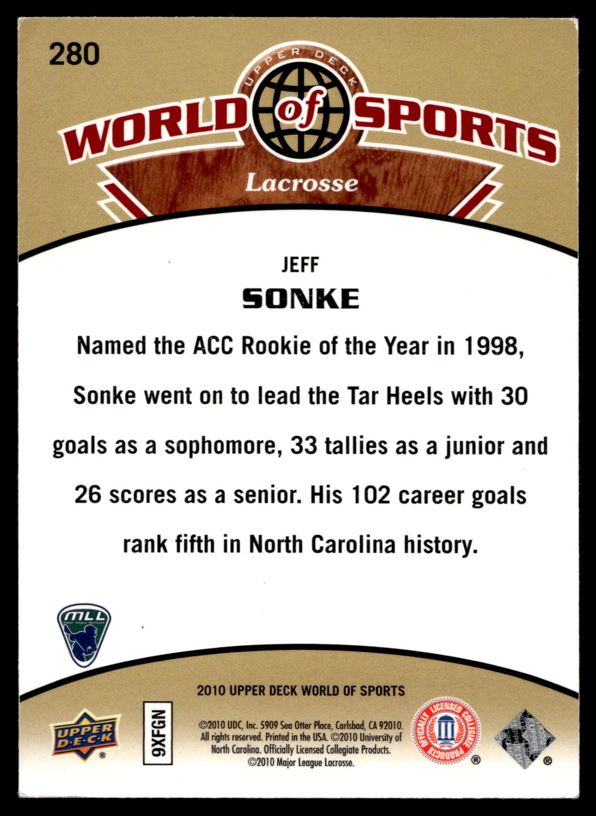 Jeff Sonke 2010 Upper Deck World of Sports North Carolina Tar Heels #280