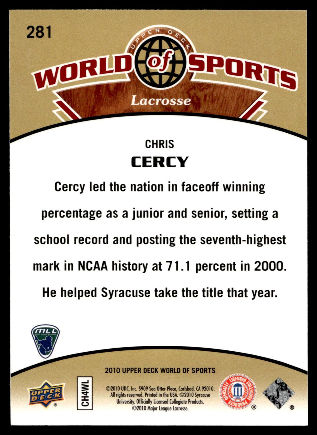 Chris Cercy 2010 Upper Deck World of Sports Syracuse Orangemen #281