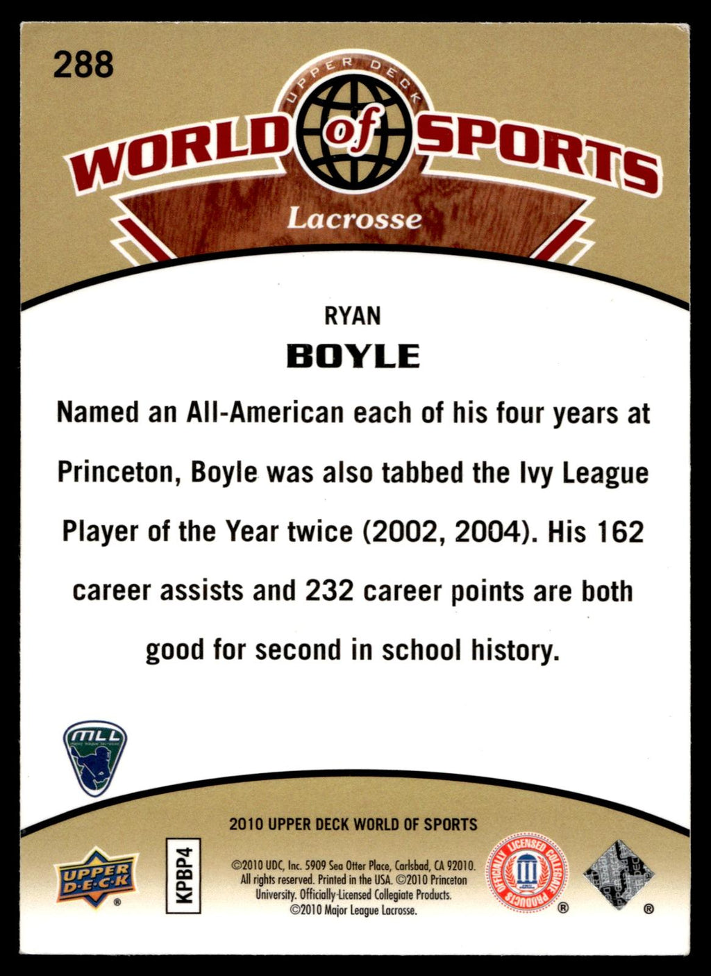 Ryan Boyle 2010 Upper Deck World of Sports Princeton Tigers #288