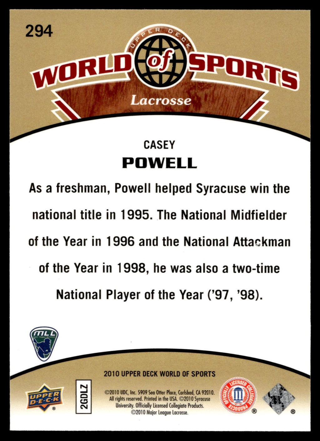 Casey Powell 2010 Upper Deck World of Sports Syracuse Orangemen #294