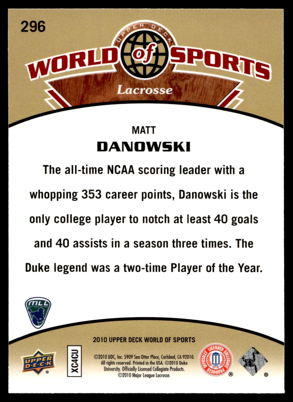 Matt Danowski 2010 Upper Deck World of Sports Duke Blue Devils #296