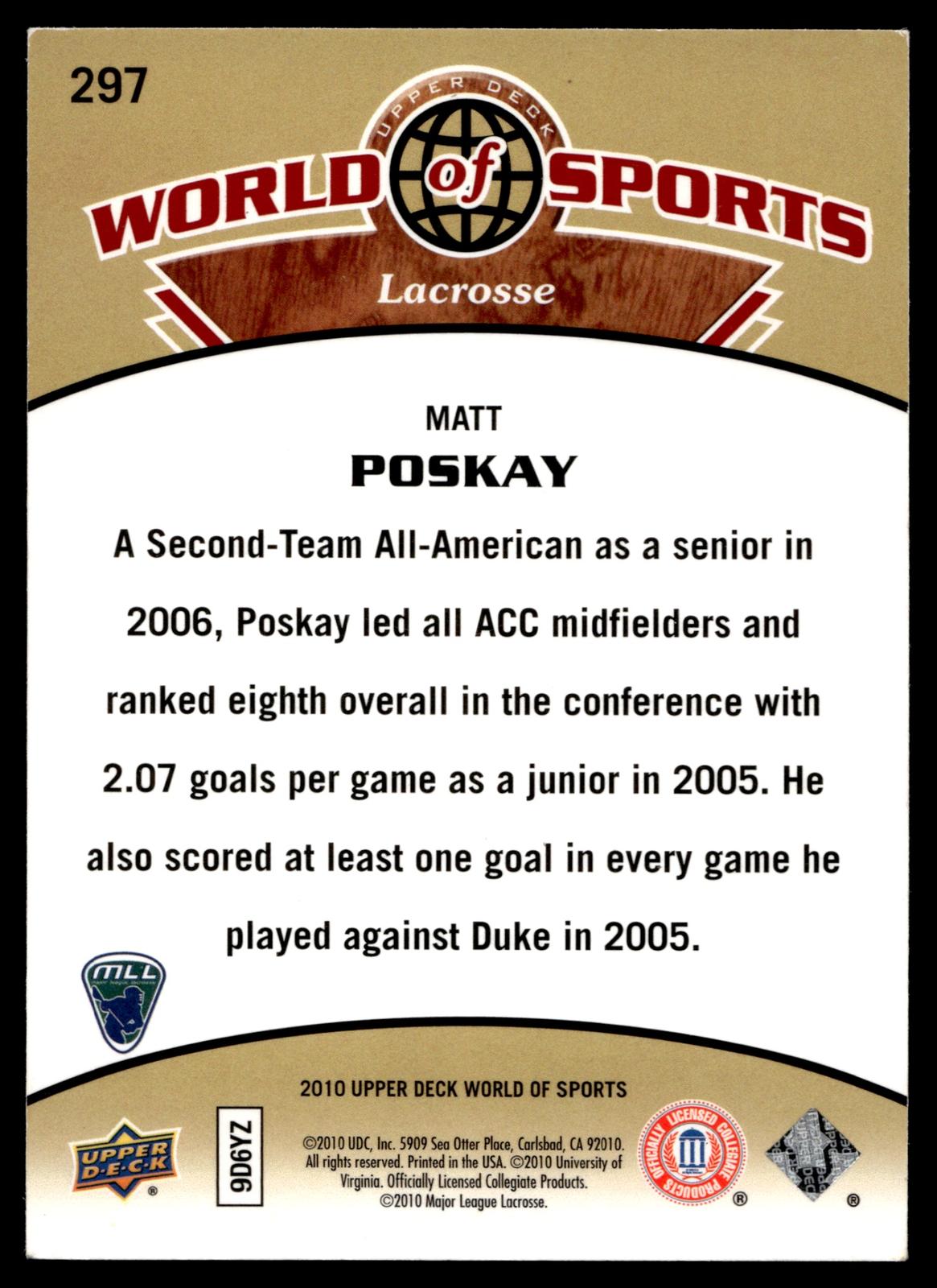 Matt Poskay 2010 Upper Deck World of Sports Virginia Cavaliers #297