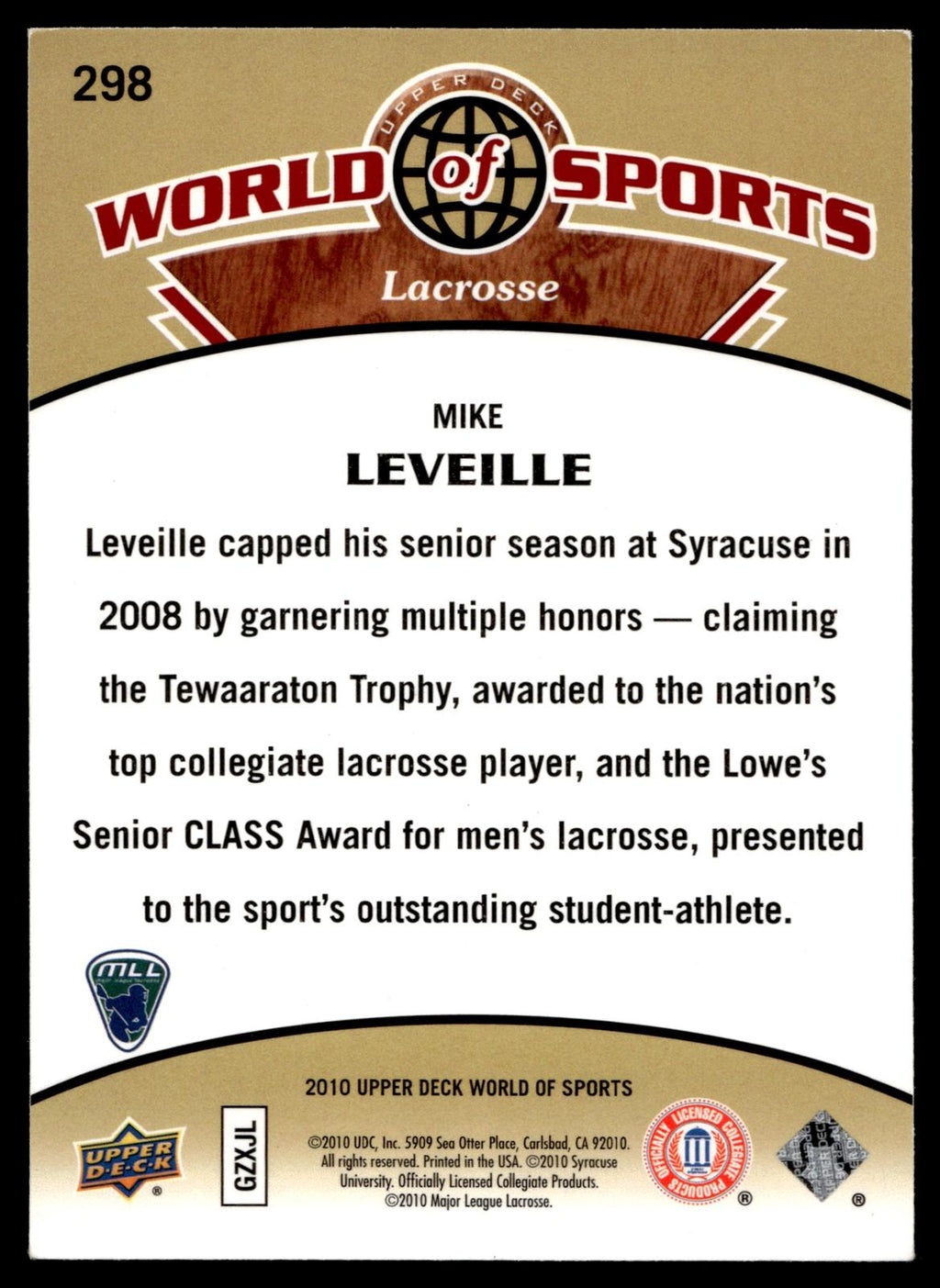 Mike Leveille 2010 Upper Deck World of Sports Syracuse Orange #298