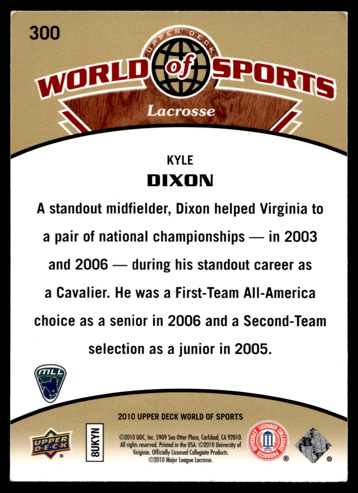 Kyle Dixon 2010 Upper Deck World of Sports Virginia Cavaliers #300