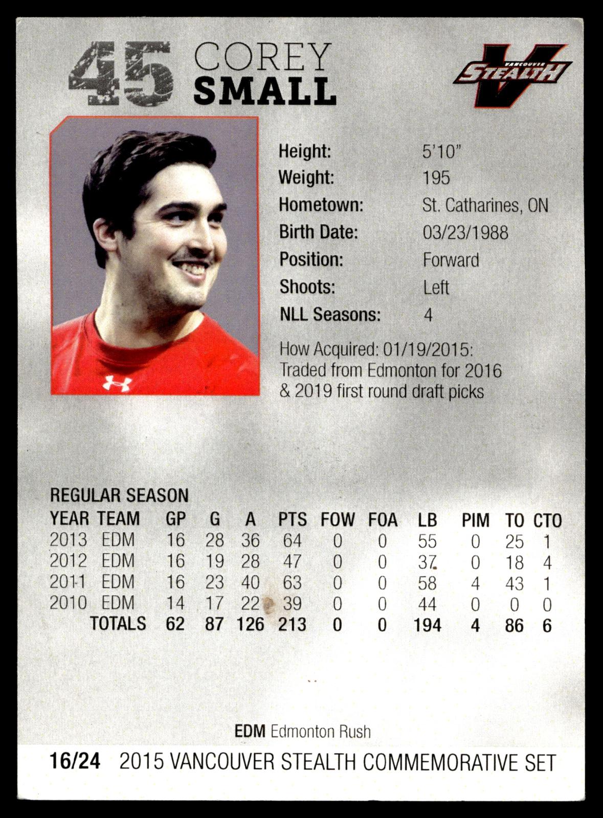 Corey Small 2015 NLL Vancouver Stealth Set Vancouver Stealth #16/24