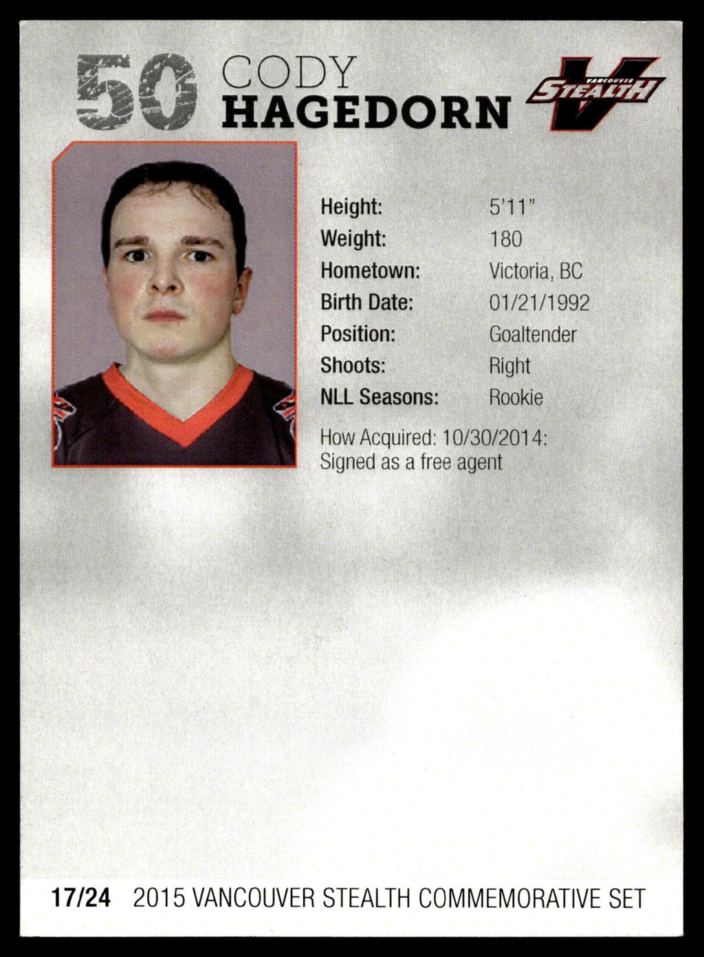 Cody Hagedorn 2015 NLL Vancouver Stealth Set Vancouver Stealth #17/24