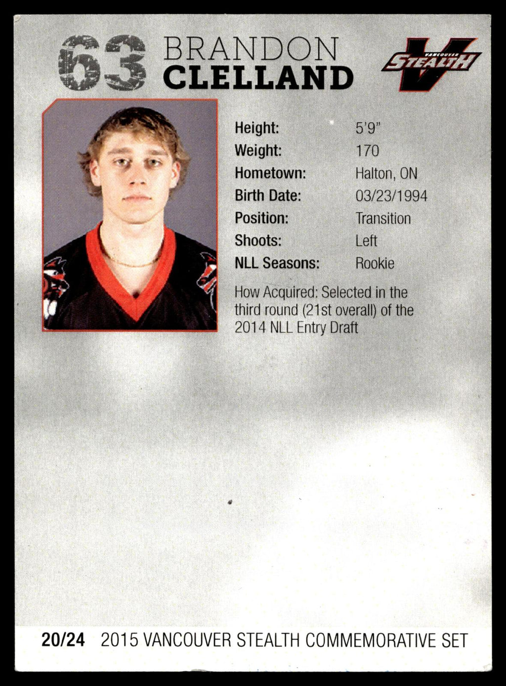 Brandon Clelland 2015 NLL Vancouver Stealth Set Vancouver Stealth #20/24