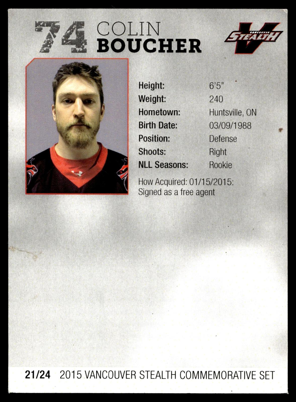 Colin Boucher 2015 NLL Vancouver Stealth Set Vancouver Stealth #21/24