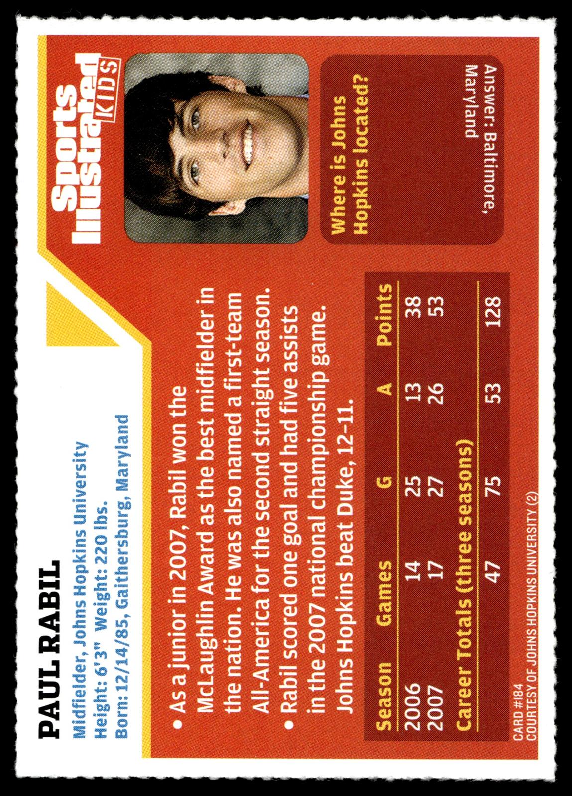 Paul Rabil 2007 Sports Illustrated for Kids John Hopkins University #184