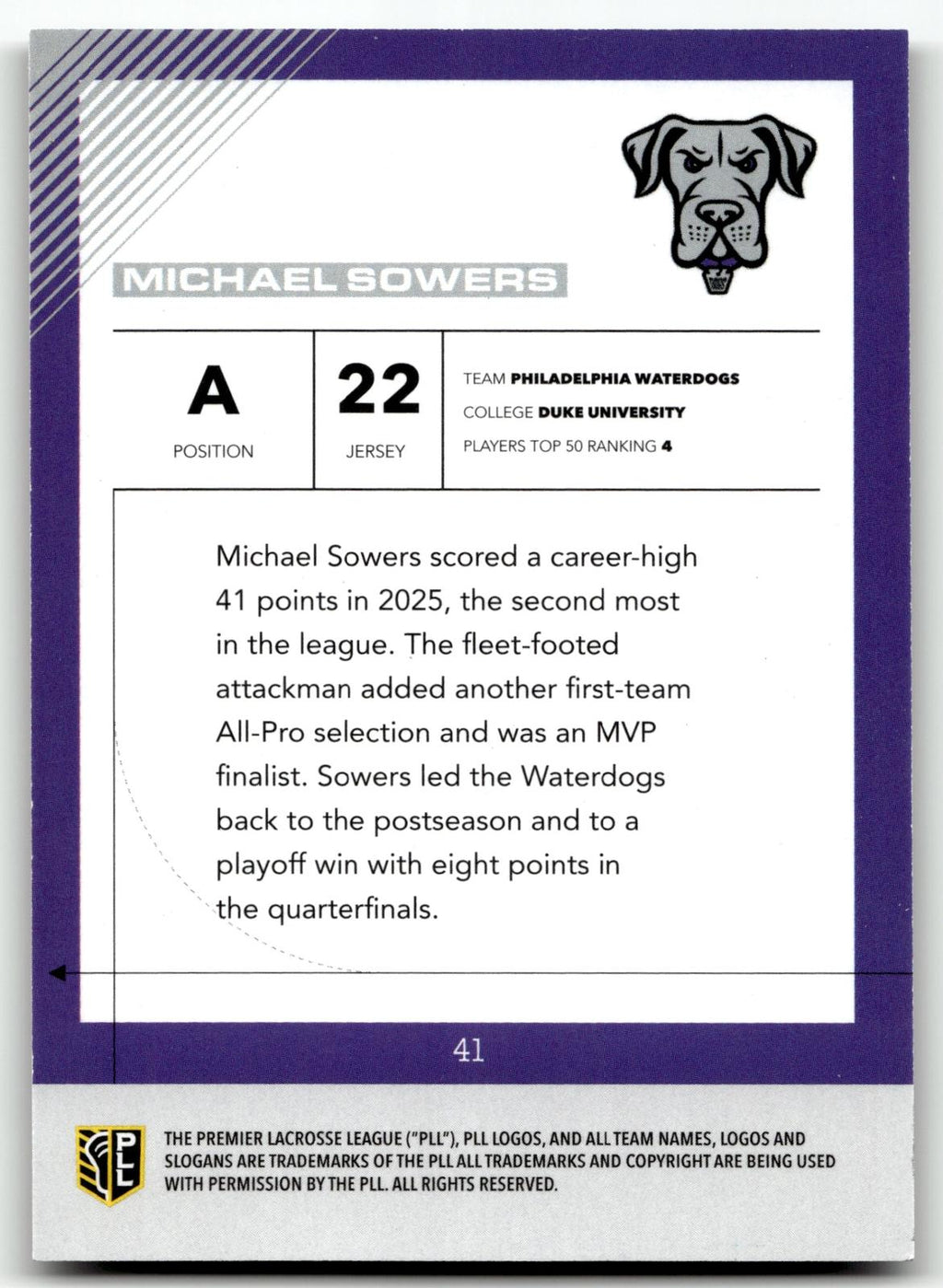 Michael Sowers 2026 PLL Fieldside II Philadelphia Water Dogs B & W 34/50 #41