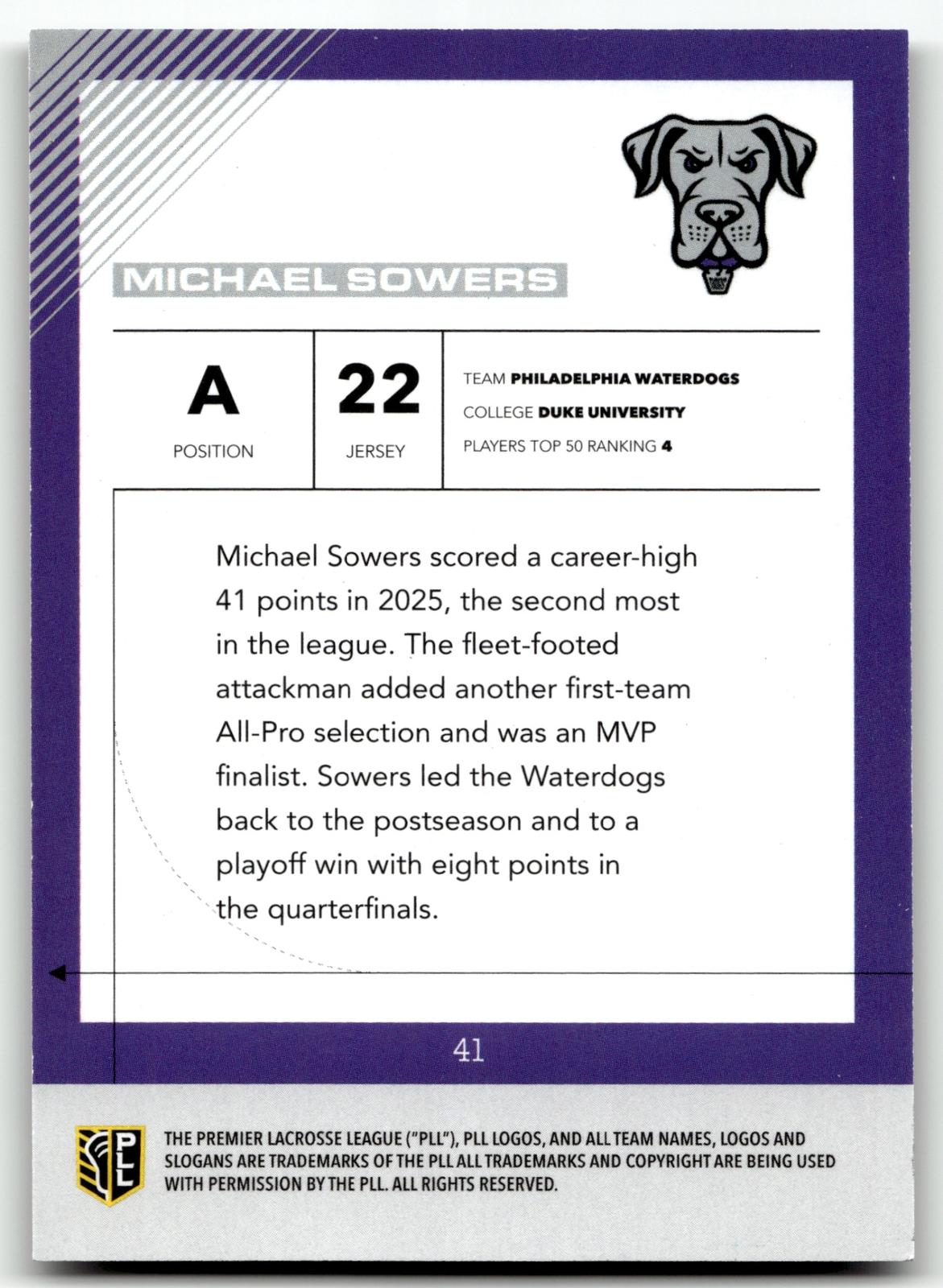 Michael Sowers 2026 PLL Fieldside II Philadelphia Water Dogs B & W 34/50 #41