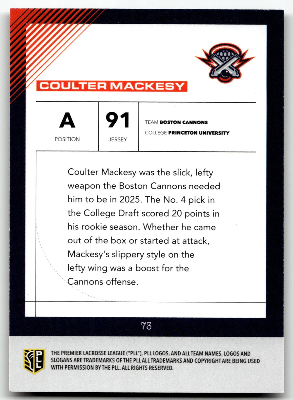 Coulter Mackesy 2026 PLL Fieldside II Boston Cannons Black & White 02/50 #73