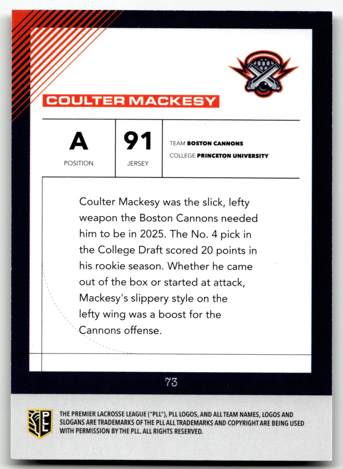Coulter Mackesy 2026 PLL Fieldside II Boston Cannons Black & White 02/50 #73