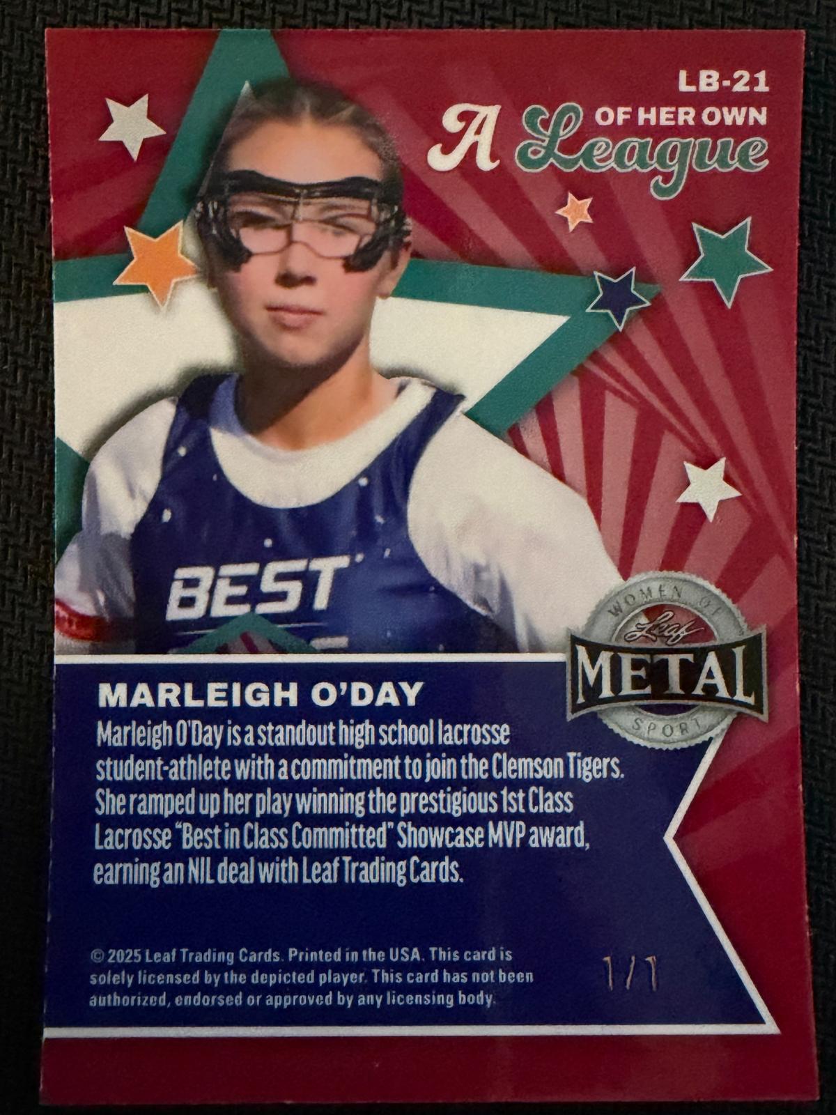 Marleigh O’Day 2025 Leaf WOM Clemson  A League of Her Own Orange 1/1 #LB-21