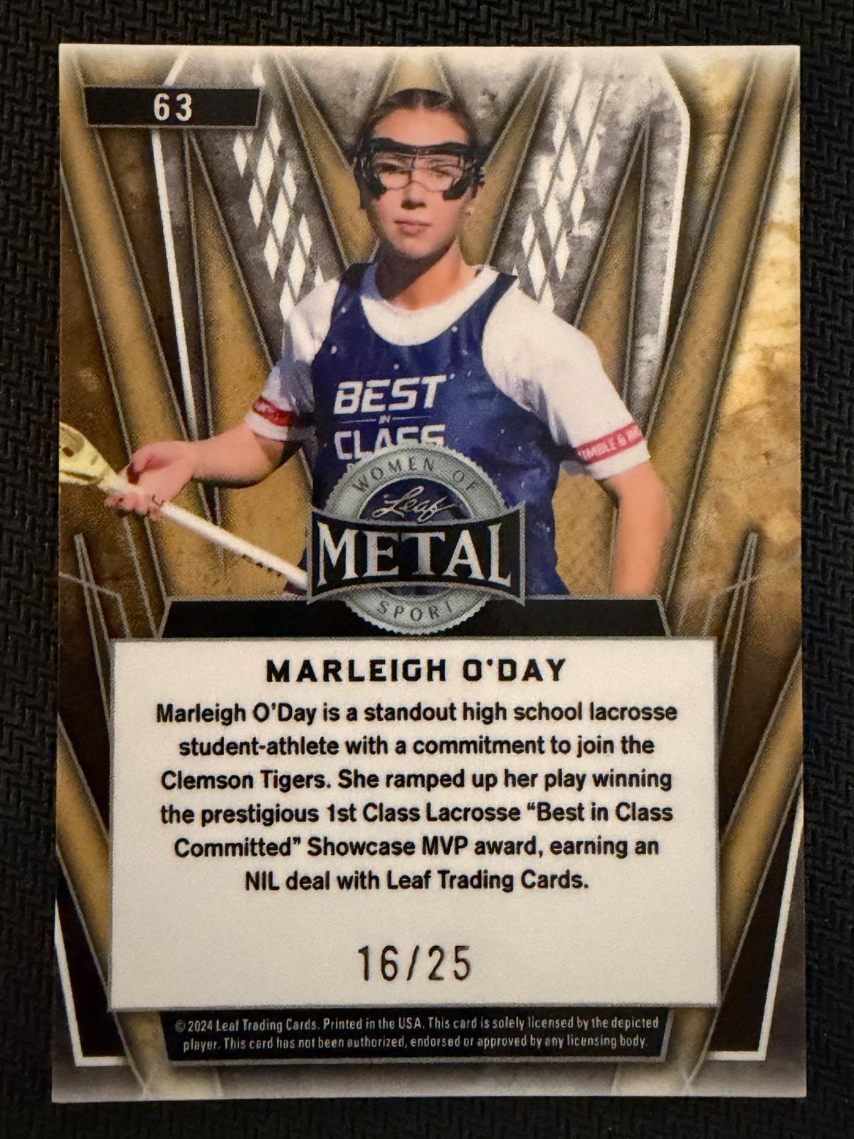 Marleigh O’Day 2025 Leaf WOM Clemson University Silver 16/25 #63