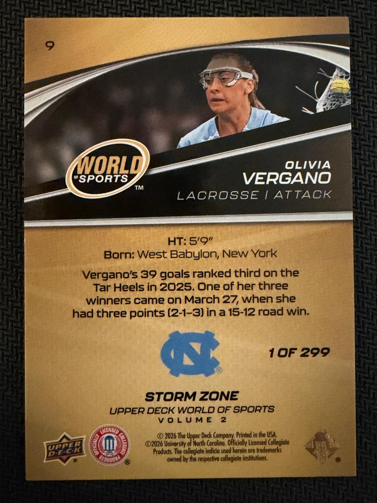 Olivia Vergano 2026 Upper Deck WOS Volume 2 North Carolina Tarheals Sparkle #9