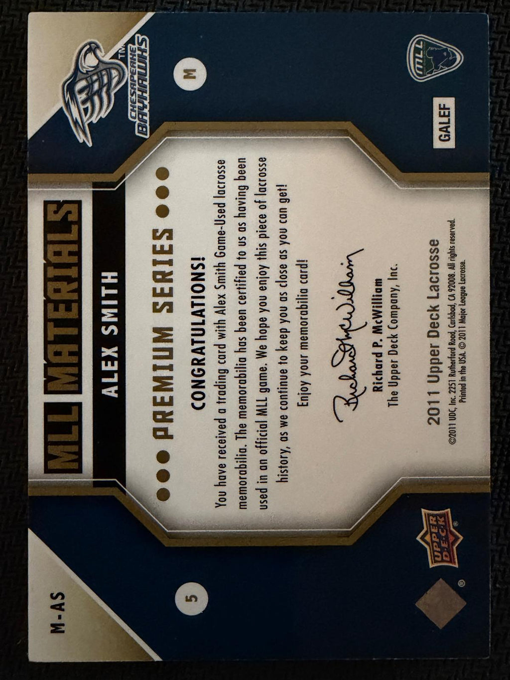 Alex Smith 2011 Upper Deck MLL Materials Chesapeake Bayhawks Premium #M-AS
