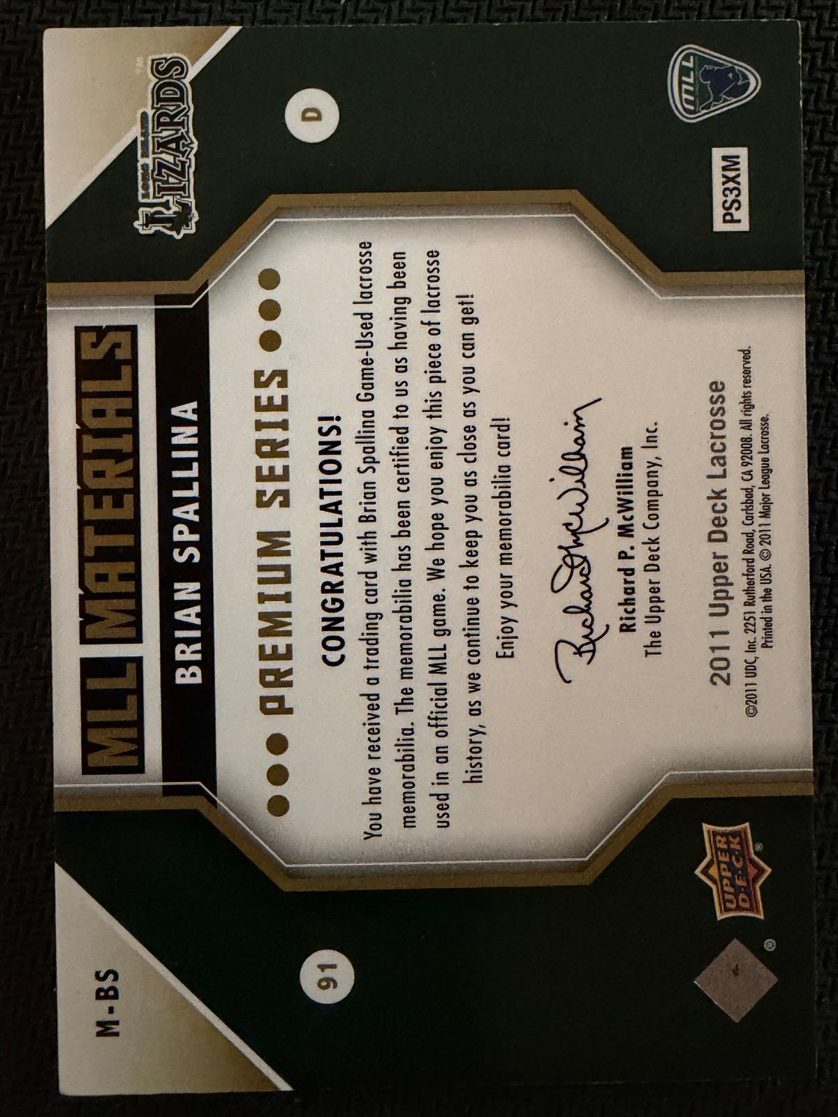 Brian Spallina 2011 Upper Deck MLL Materials Long Island Lizards Premium #M-BS