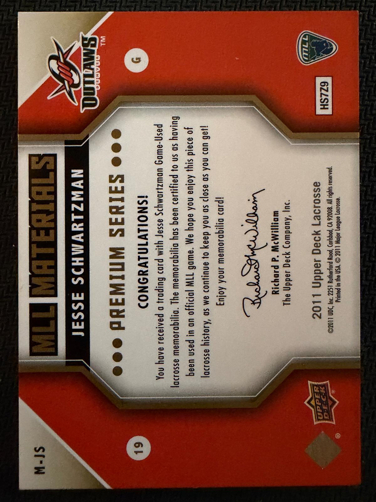 Jesse Schwartzman 2011 Upper Deck MLL Materials Denver Outlaws Premium #M-JS