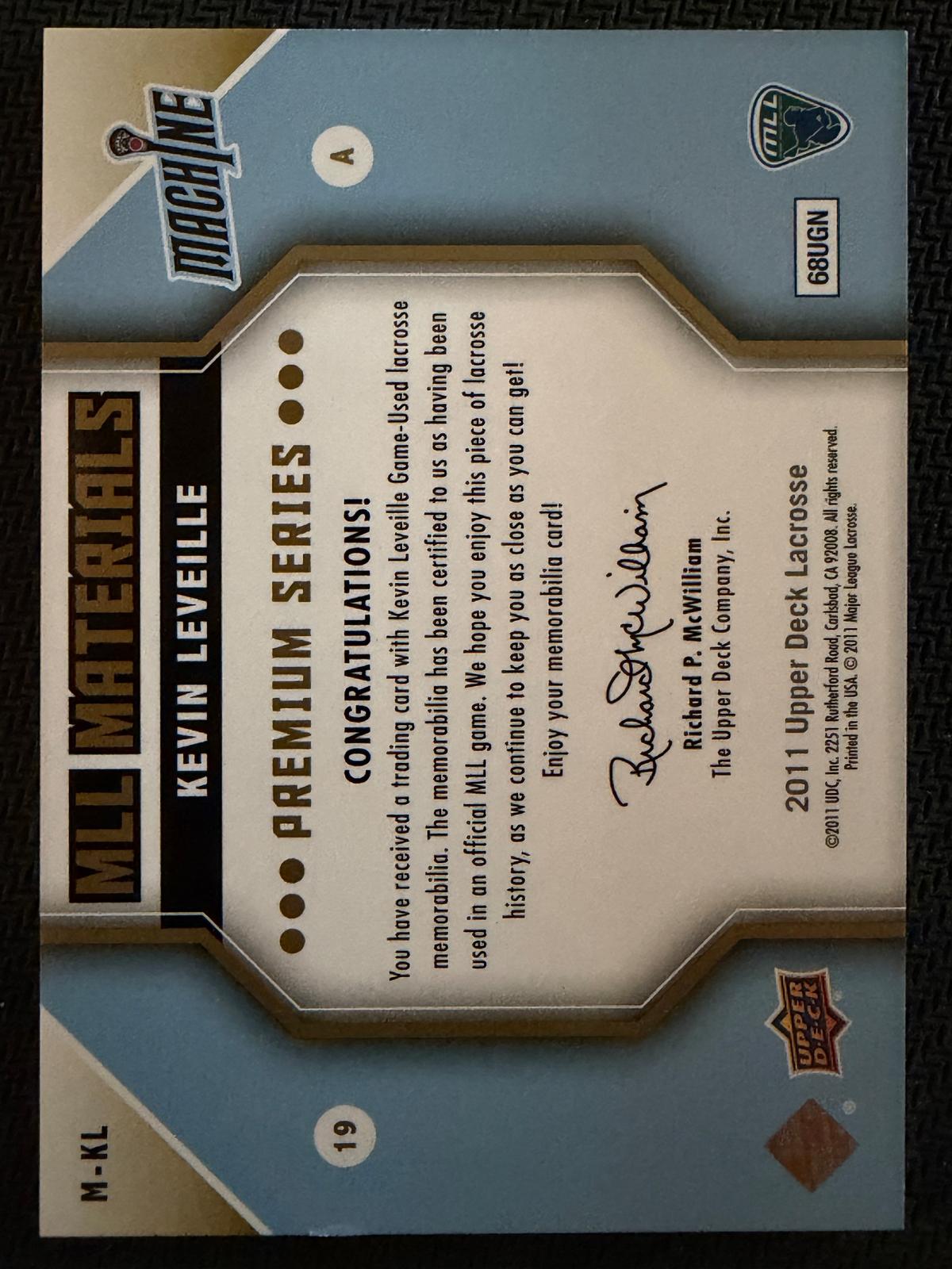 Kevin Leveille 2011 Upper Deck MLL Materials Ohio Machine Premium Series #M-KL