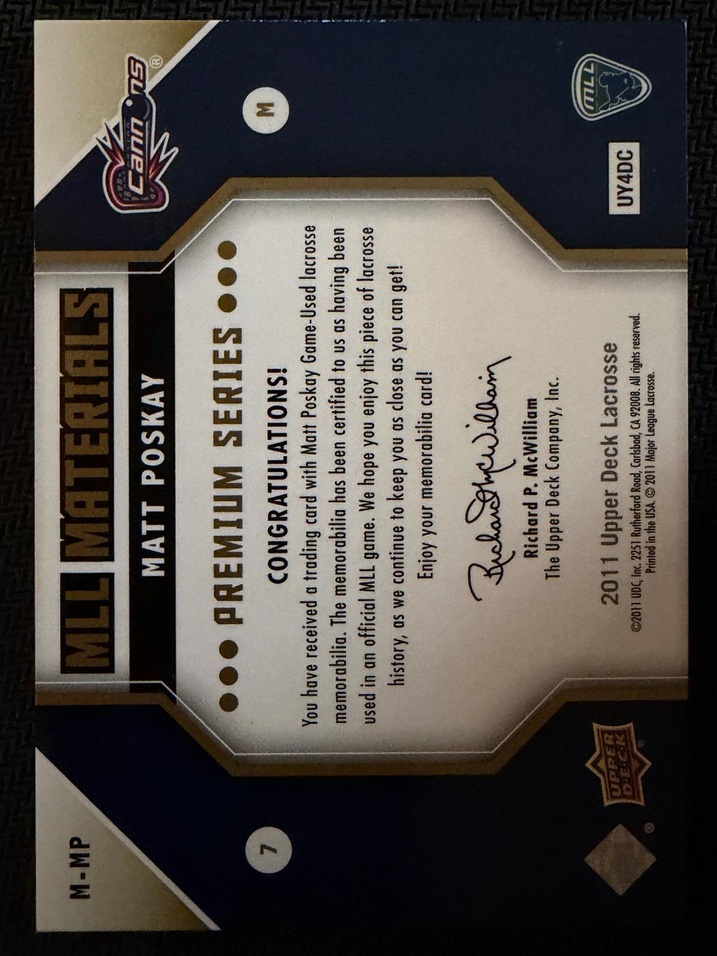 Matt Poskay 2011 Upper Deck MLL Materials Boston Cannons Premium Series #M-MP