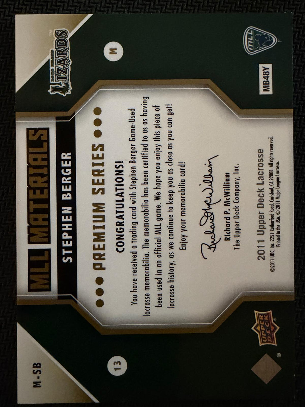 Stephen Berger 2011 Upper Deck MLL Materials Long Island Lizards Premium #M-SB