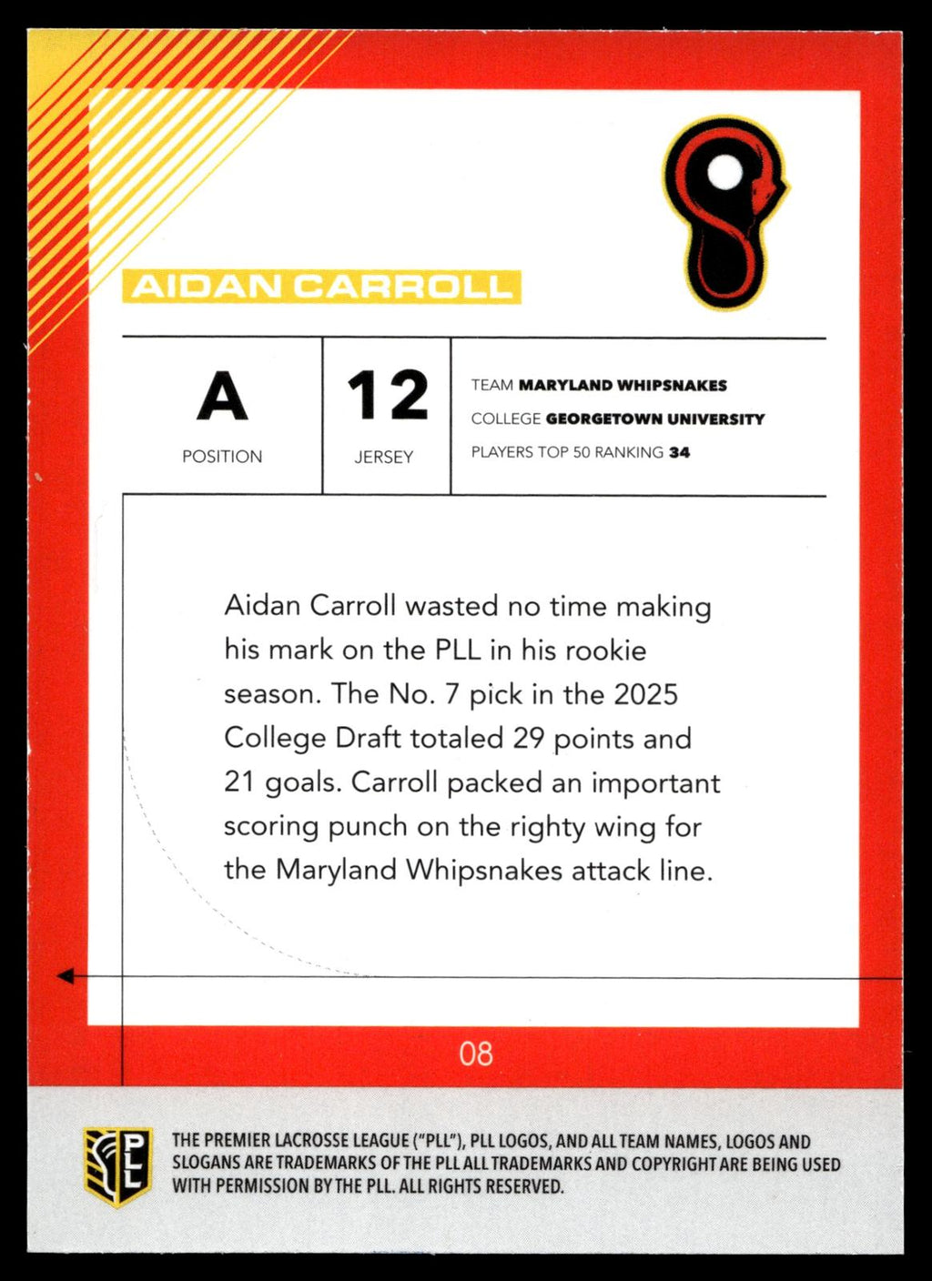 Aidan Carroll 2026 PLL Fieldside II Maryland Whipsnakes Base Auto #08