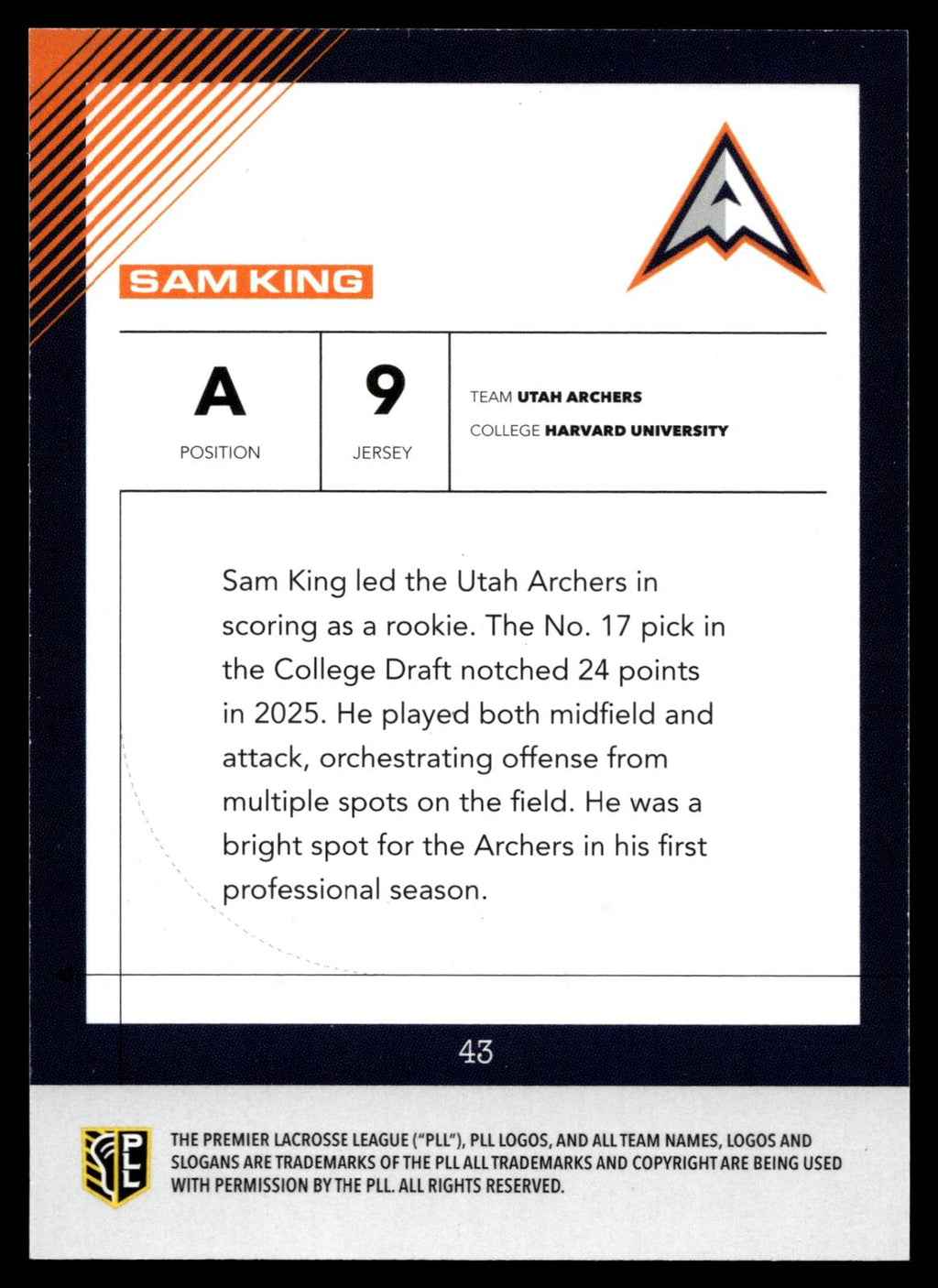 Sam King 2026 PLL Fieldside II Utah Archers Base Auto #43