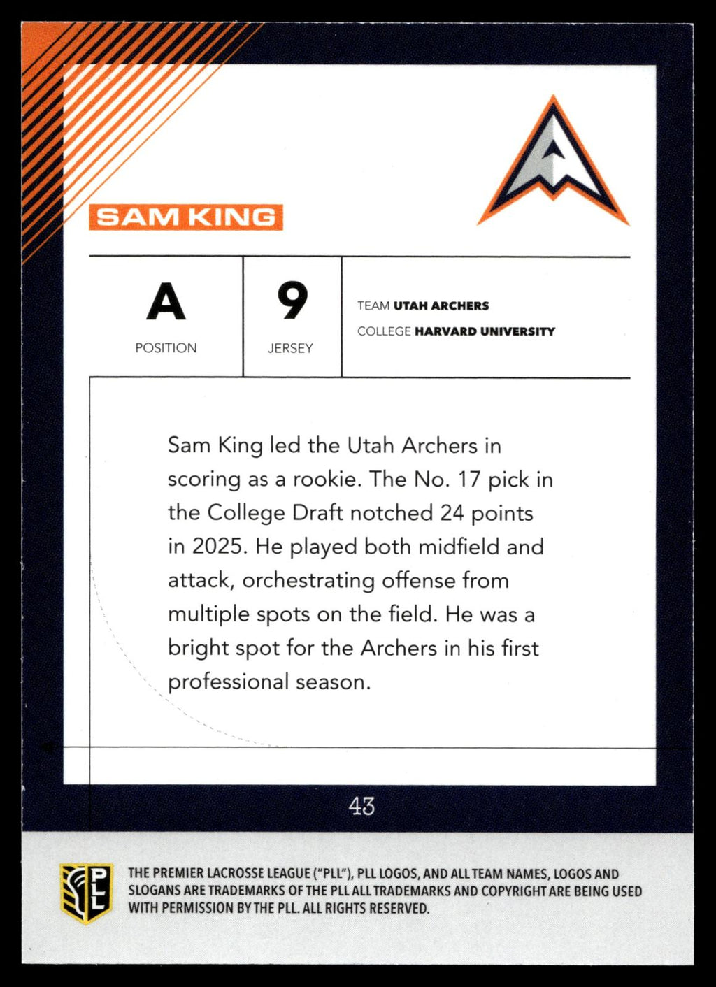 Sam King 2026 PLL Fieldside II Utah Archers Base Auto #43