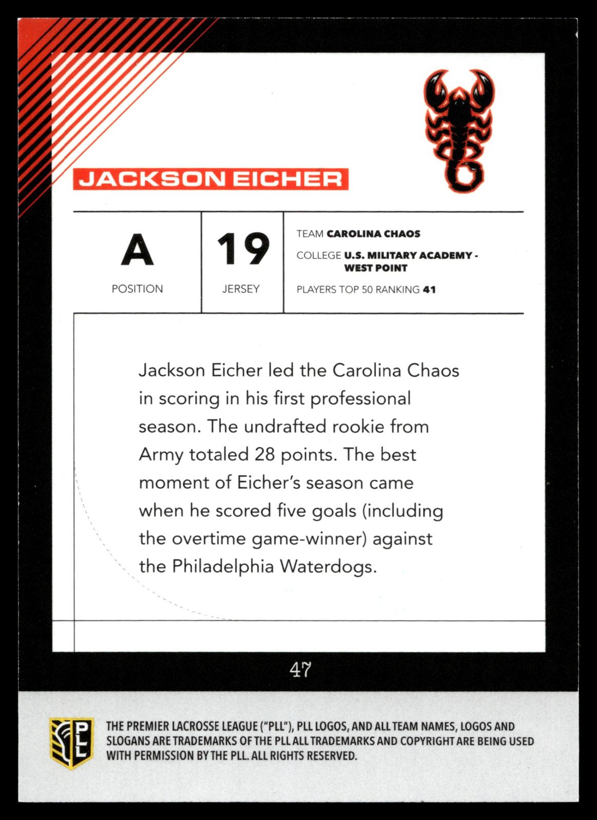 Jackson Eicher 2026 PLL Fieldside II Carolina Chaos Base Auto #47