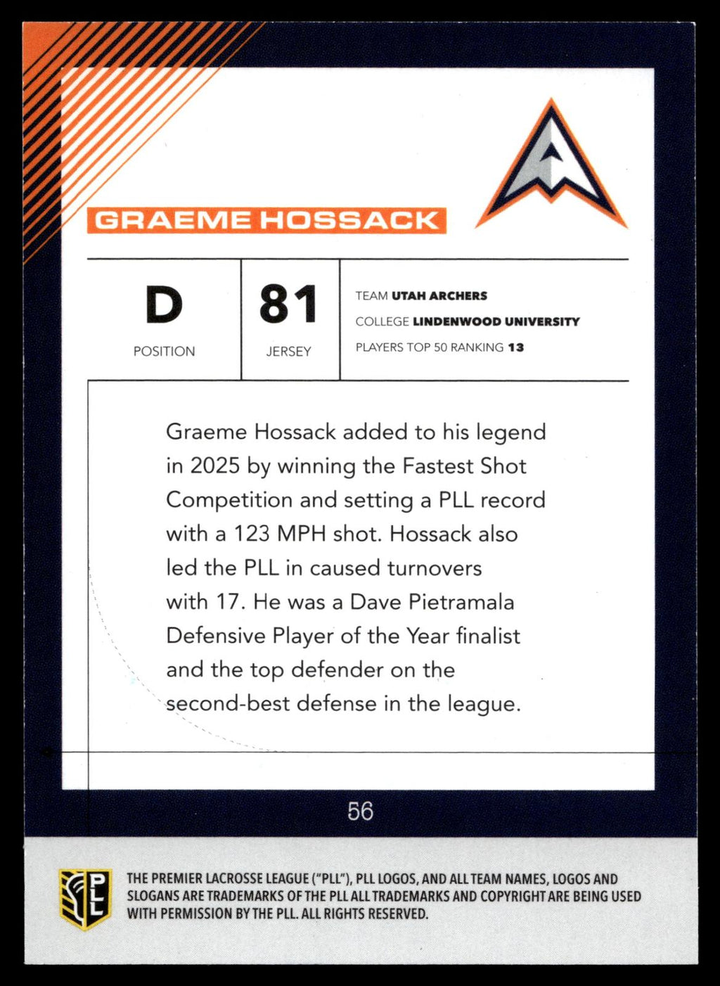 Graeme Hossack 2026 PLL Fieldside II Utah Archers Base Auto #56