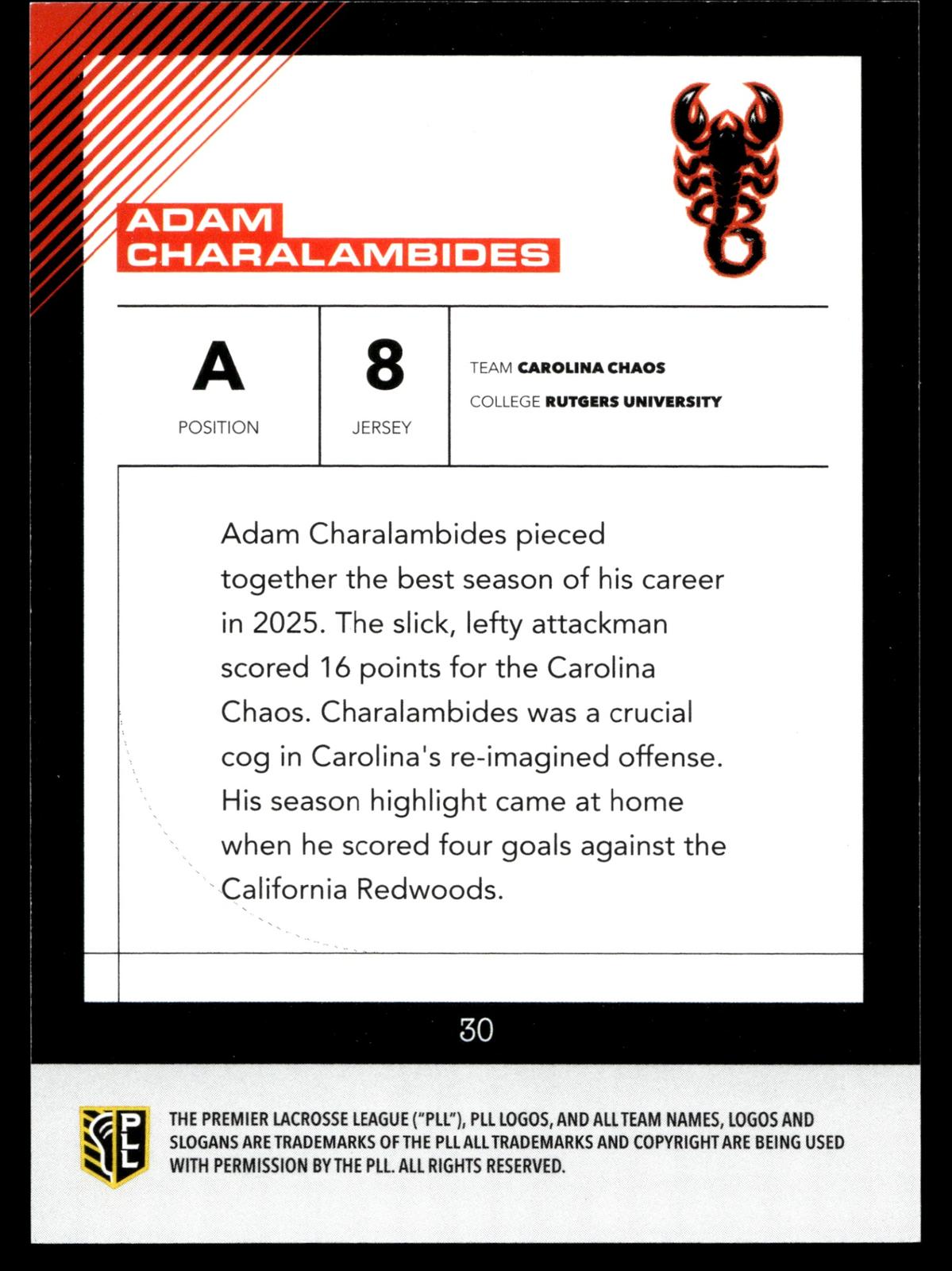 Adam Charalambides 2026 PLL Fieldside II Carolina Chaos Orange 28/50 #30