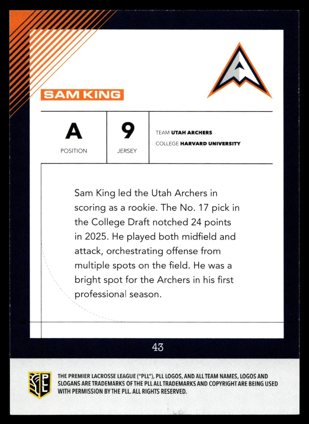 Sam King 2026 PLL Fieldside II Utah Archers Blue 56/99 #43