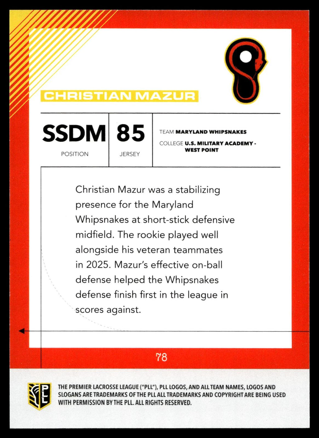 Christian Mazur 2026 PLL Fieldside II Maryland Whipsnakes Blue 10/99 #78